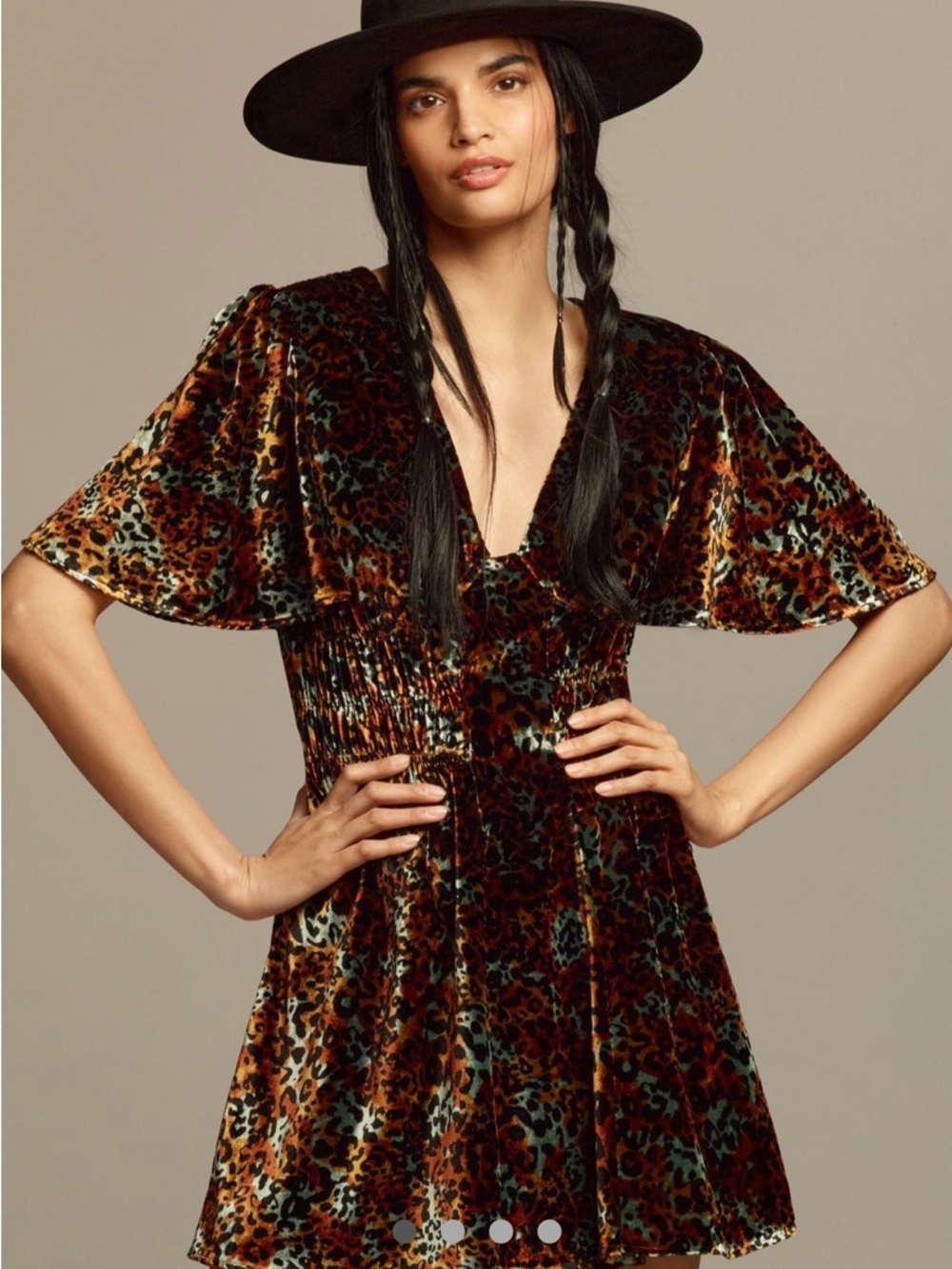 Anthropologie Velvet Leopard Print Mini Dress in Rust and Teal